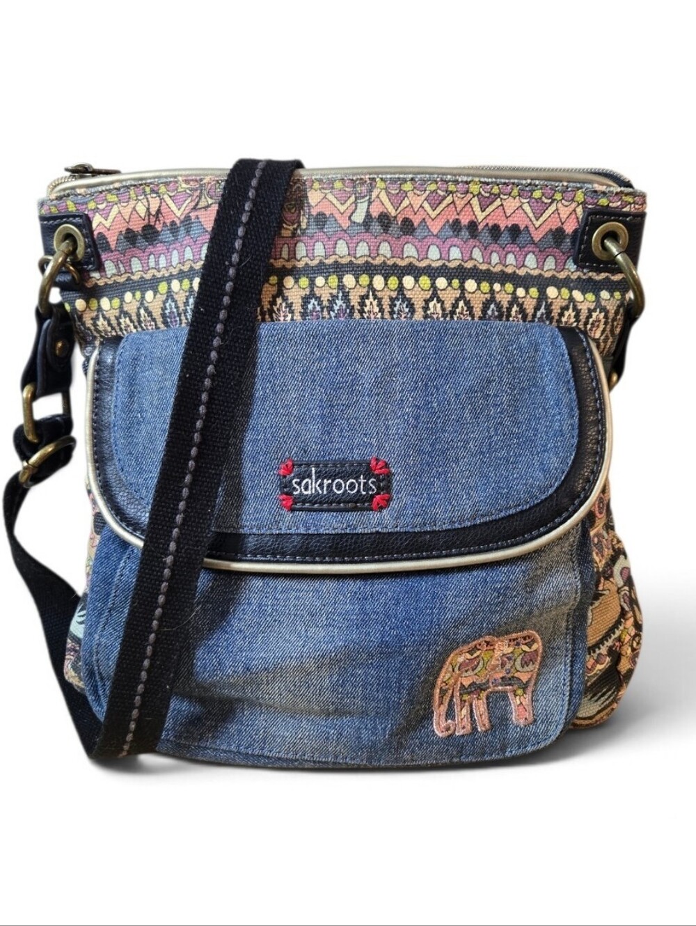 Sakroots Denim Crossbody Bag with Pastel Boho Print